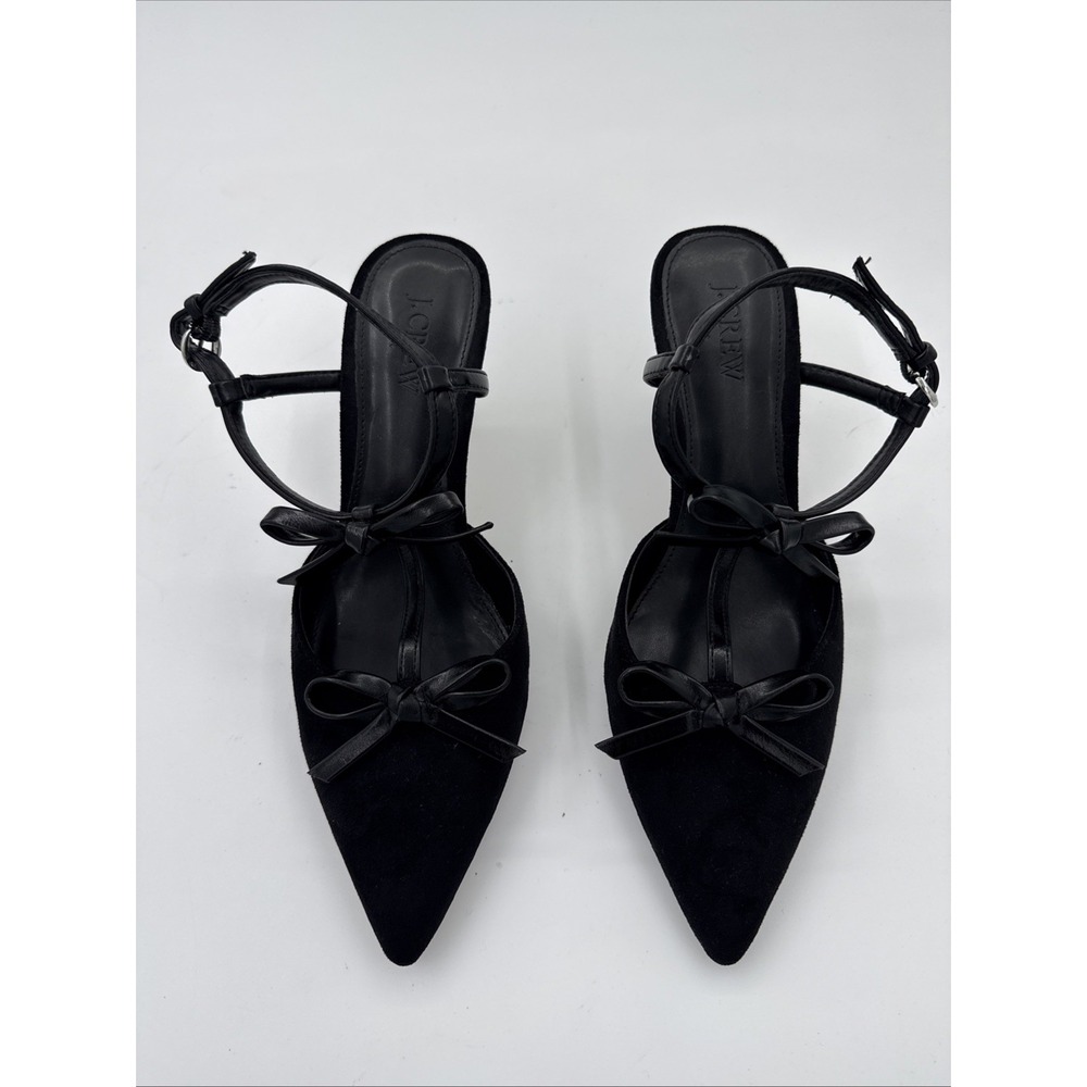 J Crew Double Bow Slingback Heels Black Size 8.5 Pointed Toe Suede Feel